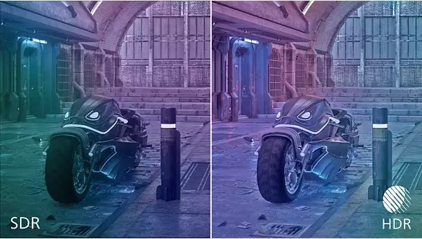 Herný monitor Philips Evnia 24M2N3200NF čierny Porovnanie rozdelenej obrazovky so scénou futuristického motocykla v uličke. Ľavá strana označená SDR vyzerá slabšia a menej živá, zatiaľ čo pravá strana označená HDR je jasnejšia a detailnejšia.