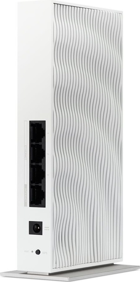 Router Acer Connect Wave 7 - Wifi 7 Mesh Router/DualPack Biely router Acer Connect Wave 7 vo zvislom prevedení na plochom podstavci. Z boku sú vidieť sieťové porty, napájací konektor a tlačidlá Reset a WPS, predný panel má výrazný vlnkovaný vzor.