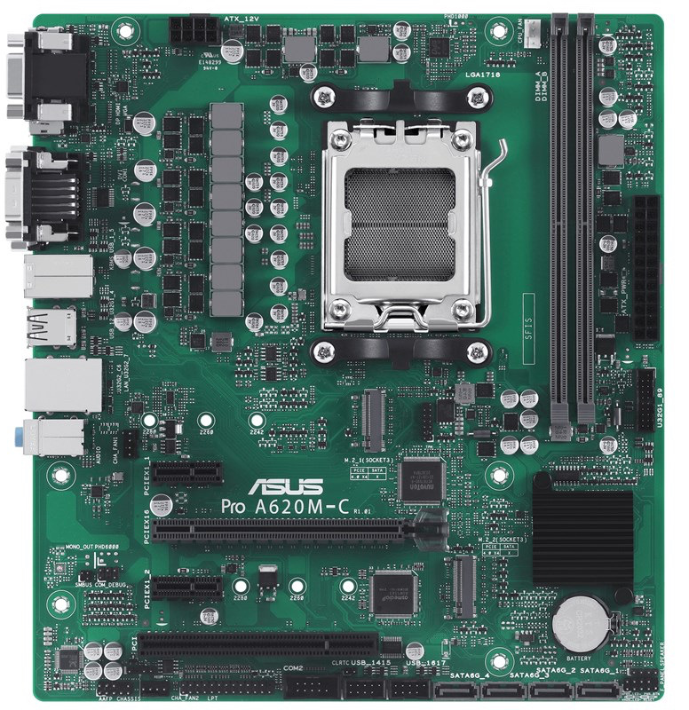 Základná doska Asus Pro A620M-C-CSM Pohľad zhora na dosku. Sú viditeľné sloty pre pamäte, slot pre CPU, grafiku... Na bočnej strane vidíme zhora porty na pripojenie externých zariadení.