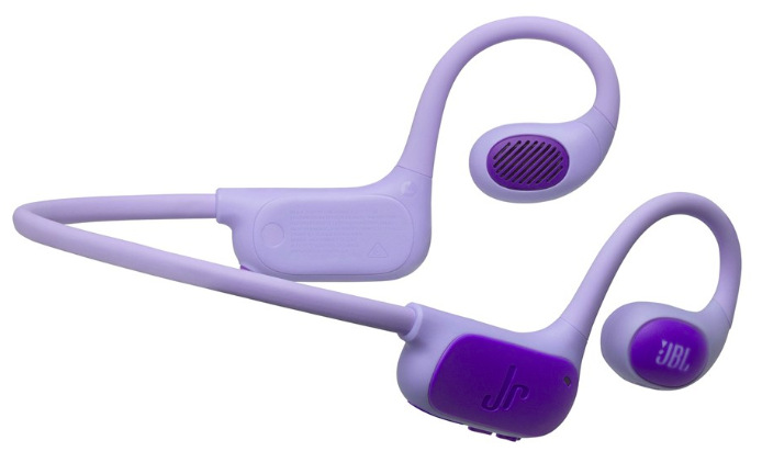 Slúchadlá JBL Junior FREE fialová Detail uchytenia za ucho a zvukového výdychu detských slúchadiel JBL Junior FREE