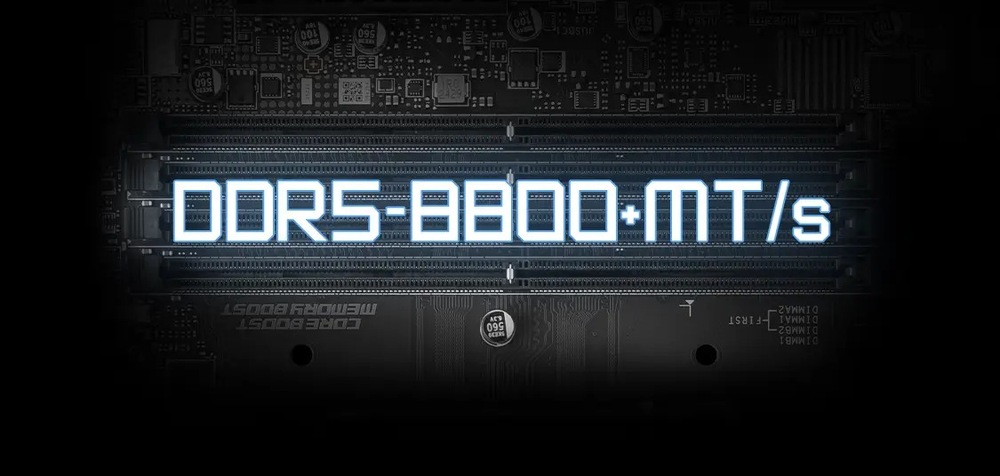 Základná doska MSI PRO B860M-A WIFI Obrázok ukazuje základnú dosku počítača s osvetleným štítkom DDR5-8800+ MT/s na slote RAM, ktorý označuje vysokorýchlostnú pamäťovú kapacitu.