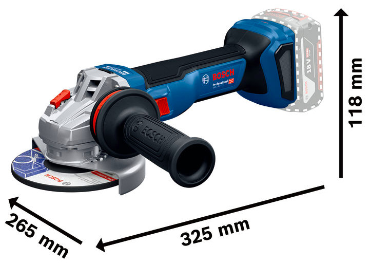 Rozmery akumulátorovej uhlovej brúsky Bosch Professional GWS 18V-11 S s kotúčom 125 mm