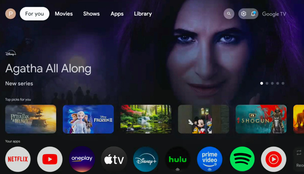 Multimediálne centrum Evolveo Dcolor GD2 čierny Domovská obrazovka Google TV s odporúčaným obsahom a ikonami aplikácií