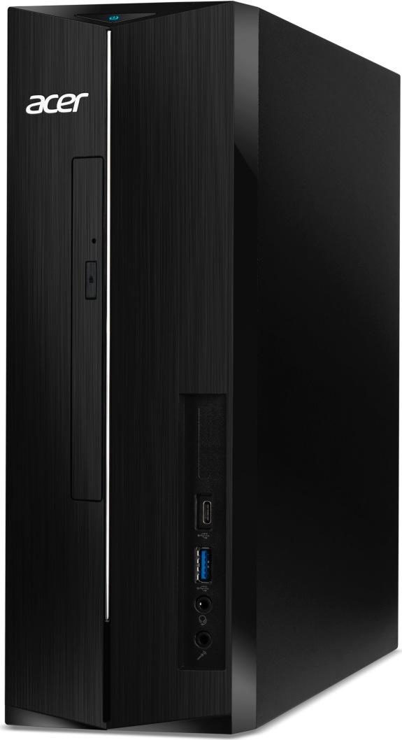 Stolný počítač Acer Aspire XC-1715 čierny Na obrázku je stolný počítač Acer Aspire XC-1715 v čiernom prevedení z predného šikmého pohľadu. Úzka zvislá skriňa má jemne ryhovaný čelný panel, biele logo Acer a striebornú linku uprostred. Vpredu je optická mechanika, čítačka kariet, porty USB-C a USB-A a dva audio konektory. Hore sa nachádza modro podsvietené tlačidlo napájania, pravý bok skrine je hladký a bez výrazných prvkov.