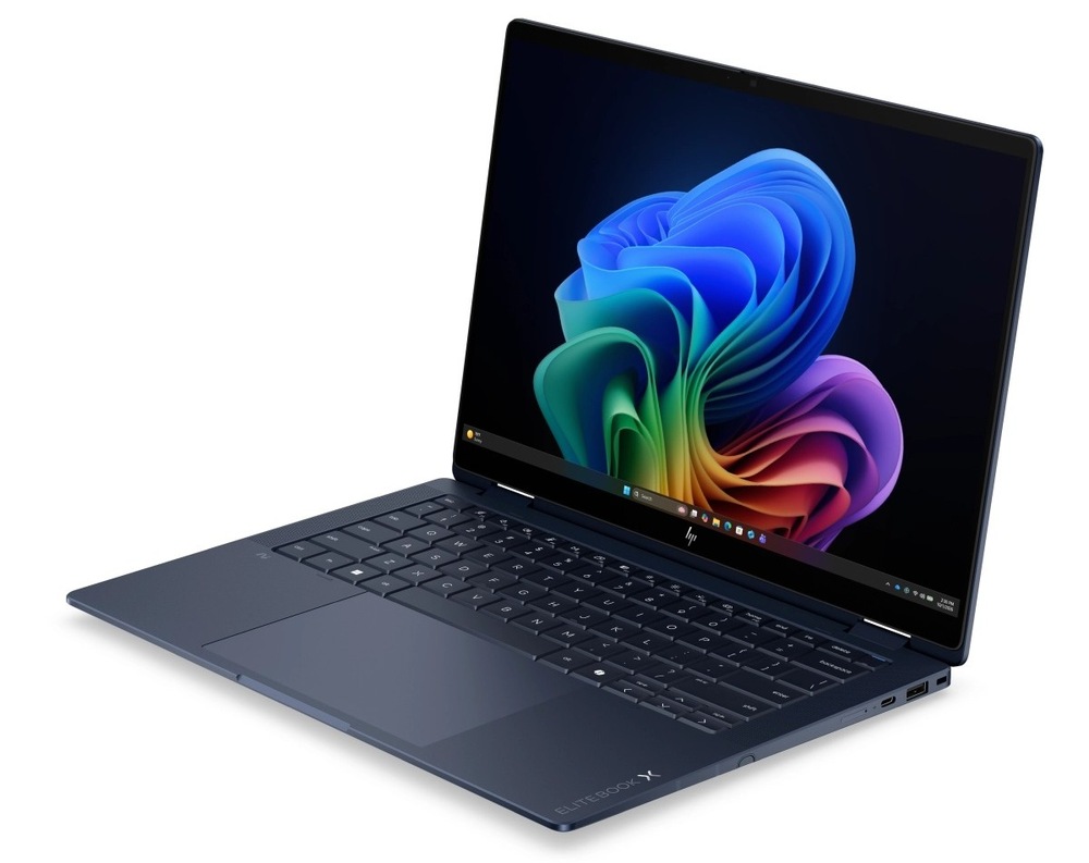 Notebook HP EliteBook X Flip G2i 14 modrý Otvorený a zapnutý notebook HP EliteBook X Flip G2i otočený doľava