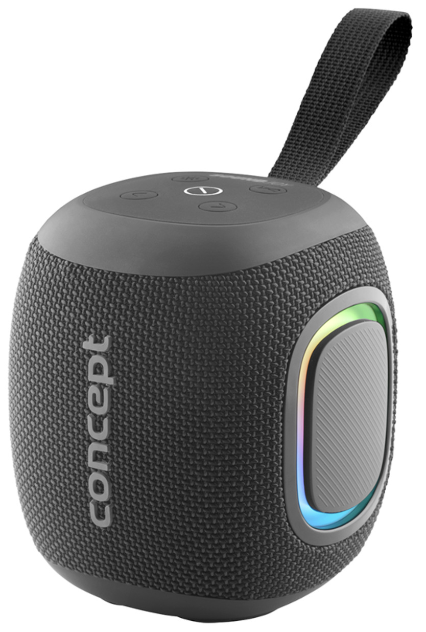 Čierny prenosný reproduktor Concept SoundJoy BR5010 s LED osvetlením a pútkom