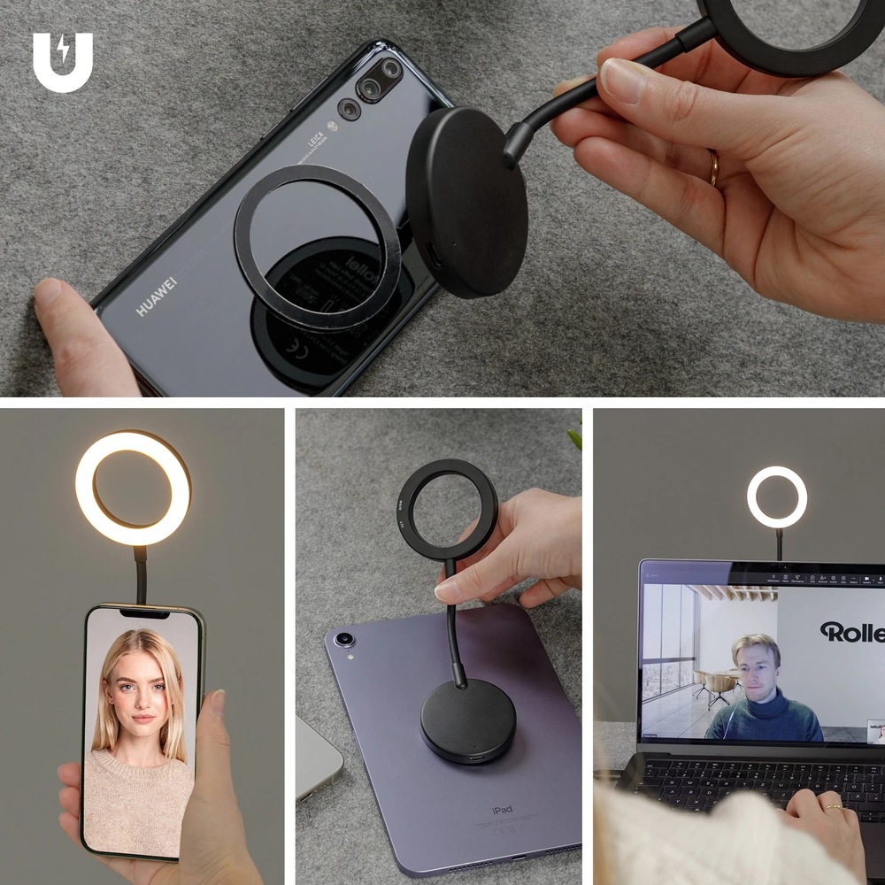 Svetlo Rollei LUMIS Magnetic Selfie čierne Svetlo Rollei LUMIS pripevnené k rôznej elektronike od smartfónu po notebook