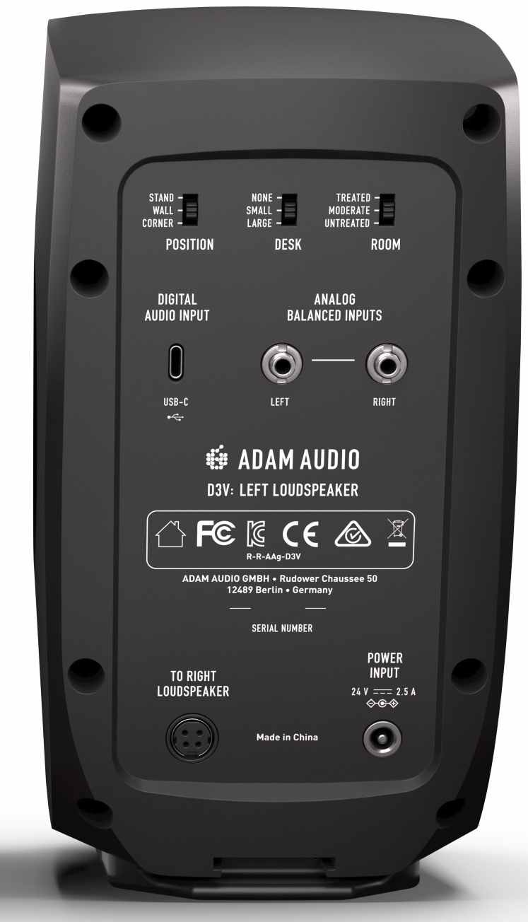 Reproduktory ADAM Audio D3V (2 ks) čierne ADAM AUDIO D3V zadný panel s USB-C konektorom a vstupmi TRS.