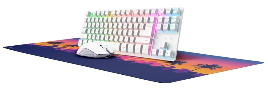 Klávesnica s myšou Trust GXT 882 Wireless - TKL Keyboard, Mouse & XXL Mousepad Miami - CZ/SK biela farba Herná sada Trust GXT 882 Miami s bielou klávesnicou, myšou a podložkou s palmami