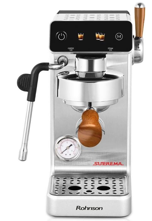 Pákový kávovar Rohnson R-98300 Suprema strieborná farba Pohľad spredu na nerezový kávovar Rohnson R-98300 Suprema. Káva je pripravená v nerezovej páke, na displeji svieti výber z jednej alebo dvojitej kávy.