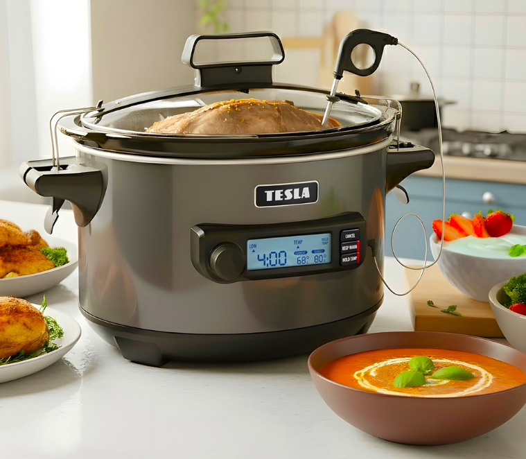 Pomalý hrniec Tesla SlowCook S900 Plus s teplotnou sondou pri pomalom varení mäsa v kuchyni