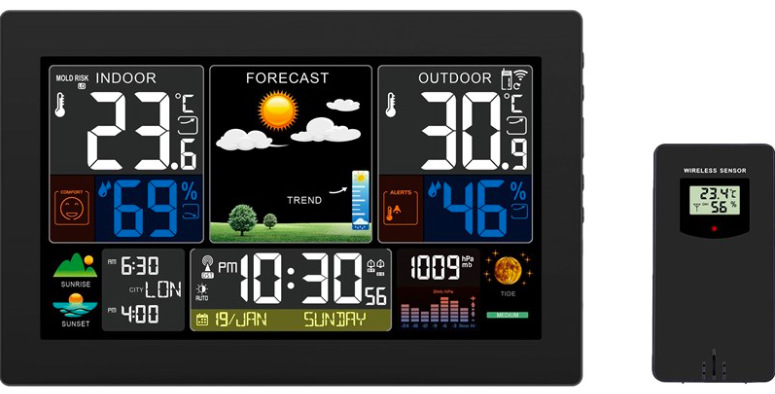 Meteostanica Solight TE81XL-B s farebným displejom a bezdrôtovým senzorom v čiernom prevedení