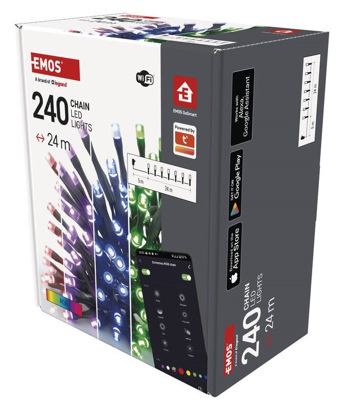 Vianočné osvetlenie EMOS GoSmart 240 LED reťaz, 24 m, vonkajšie aj vnútorné, RGB, časovač, Wi-Fi