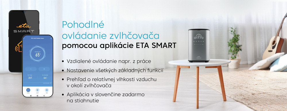 Ovládanie zvlhčovača vzduchu ETA pomocou mobilnej aplikácie ETA SMART – ukážka telefónu s aplikáciou a zvlhčovača umiestneného na stole v modernom interiéri