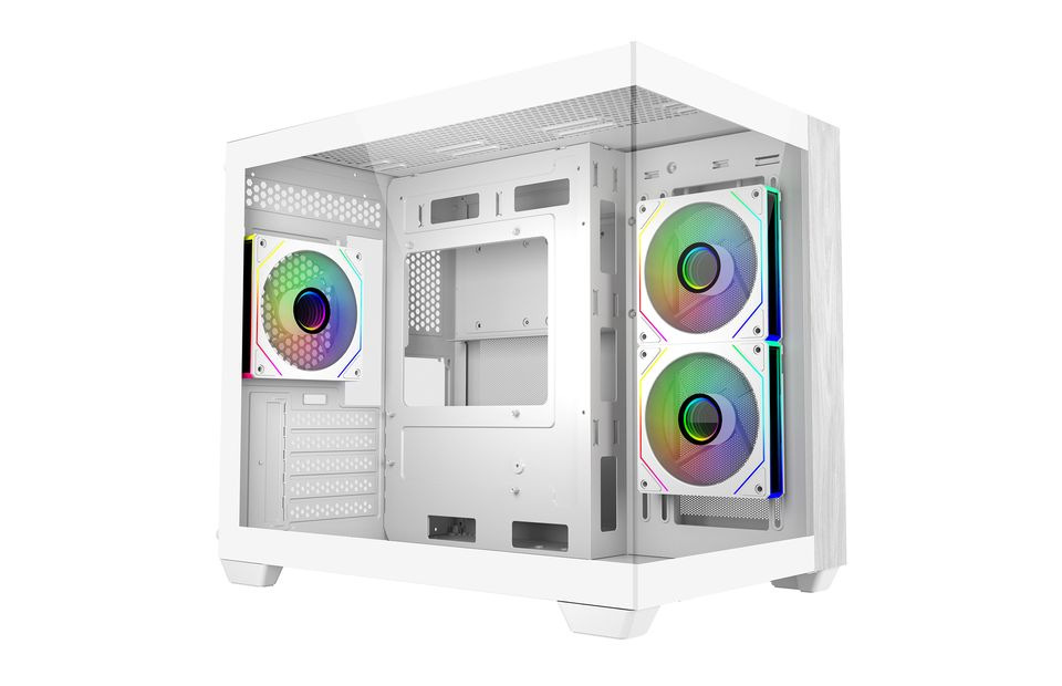 Biela počítačová skriňa s priehľadnými panelmi, vybavená tromi žiarivými RGB ventilátormi. Moderný a elegantný design.