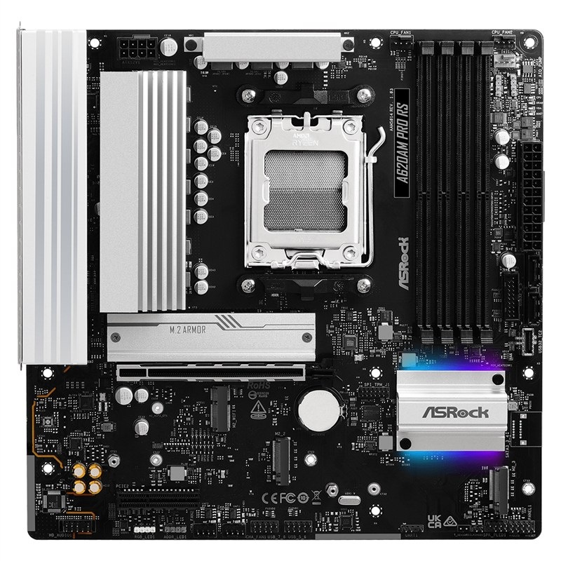 Základná doska ASRock A620AM PRO RS čierna Základná doska ASRock A620AM PRO RS v striebornej a čiernej farbe.