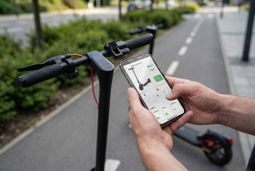 Elektrická kolobežka Sencor SCOOTER S25 čierna Užívateľ drží chytrý telefón s aplikáciou pre ovládanie elektrickej kolobežky Sencor SCOOTER S31 priamo na cyklotrase. Na displeji telefónu je vidieť stav kolobežky, jej poloha a ďalšie jazdné údaje. V pozadí sú riadidlá kolobežky a upravený chodník lemovaný zeleňou.