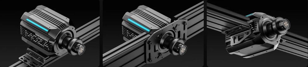 Základňa Moza Racing R25 Ultra Direct Drive hliník Obrázky ilustrujúce rôzne možnosti pripevnenia základne volantu – zdola, spredu alebo z boku.