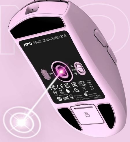 Myš MSI Forge GM340 Wireless ružová Pohľad na myš zospodu so znázornením optického senzora.
