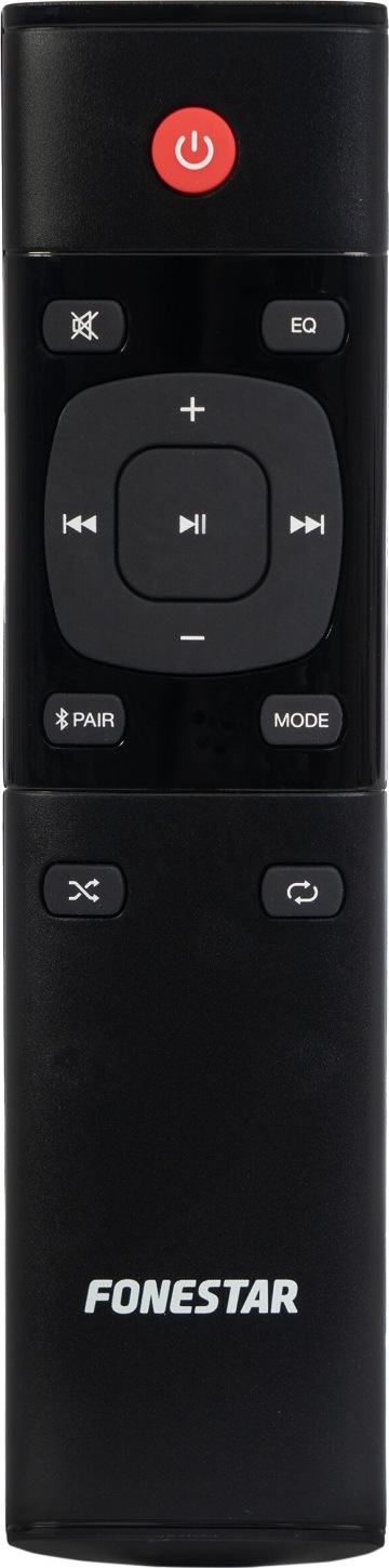 Reproduktory Fonestar KS-12B (2 ks) čierne/biele/oranžové Čierny diaľkový ovládač Fonestar s tlačidlami napájania, hlasitosti, prehrávania, Bluetooth a ekvalizéra.