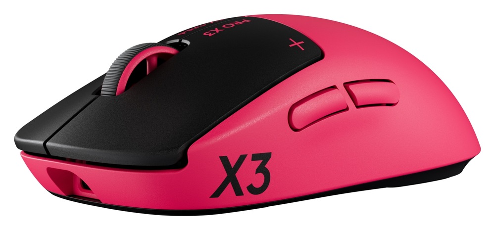 Herná myš Logitech G PRO X3 Superstrike v produktovom zábere na svetlom pozadí z bočného uhla