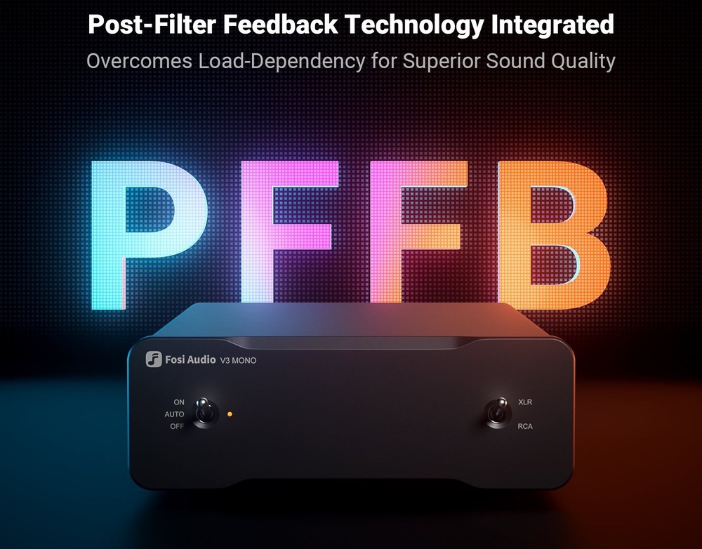 Zosilňovač Fosi Audio V3 Mono s grafikou technológie spätnej väzby PFFB pre obmedzenie vplyvu impedancie reproduktora.