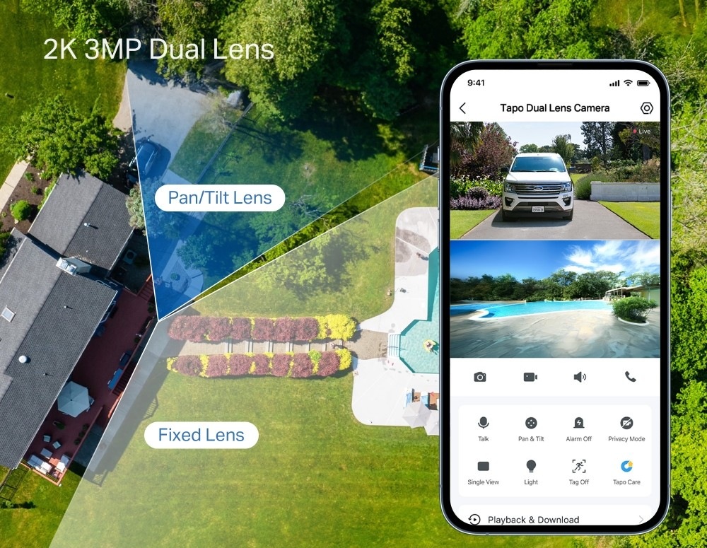 IP kamera TP-Link Tapo TC34 2K Dual-lens biela IP kamera TP-Link Tapo TC34 2K Dual-lens podporuje nočné farebné videnie a je kompatibilný so šikovnou domácnosťou