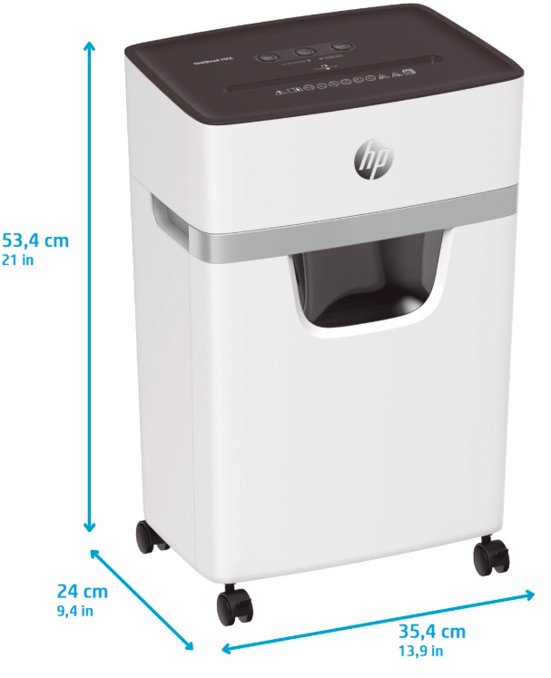 Skartovač HP OneShred 15CC biely Rozmery skartovača HP OneShred 15CC 53,4 × 35,4 × 24 cm s kolieskami pre ľahký pohyb