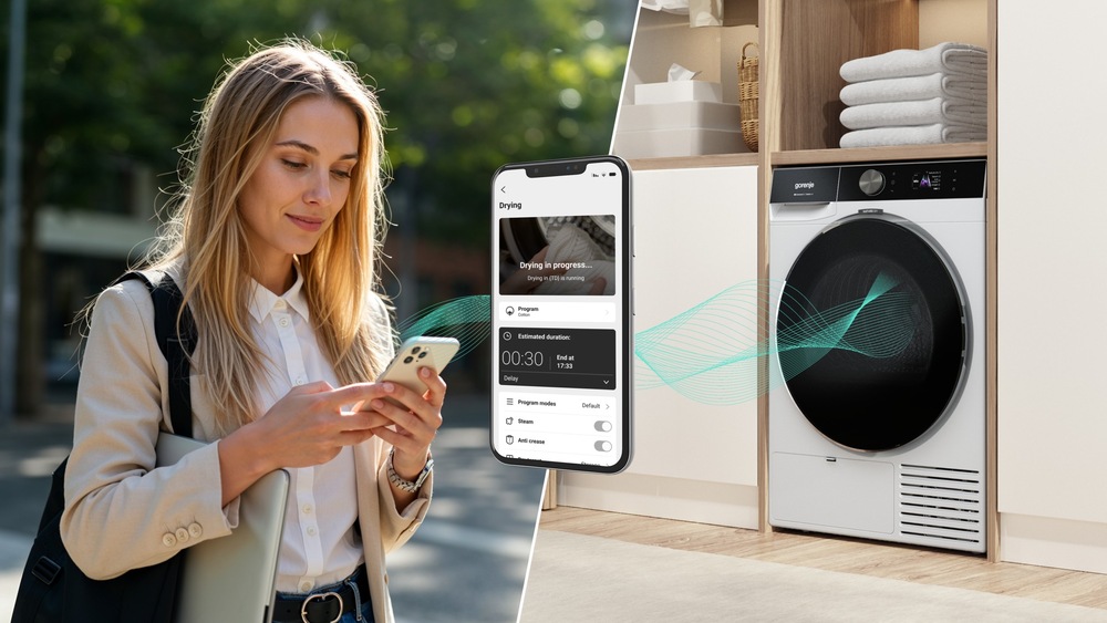 Sušička bielizne Gorenje G600 D69B FastDryPro biela žena ovláda sušičku Gorenje D69B cez telefón