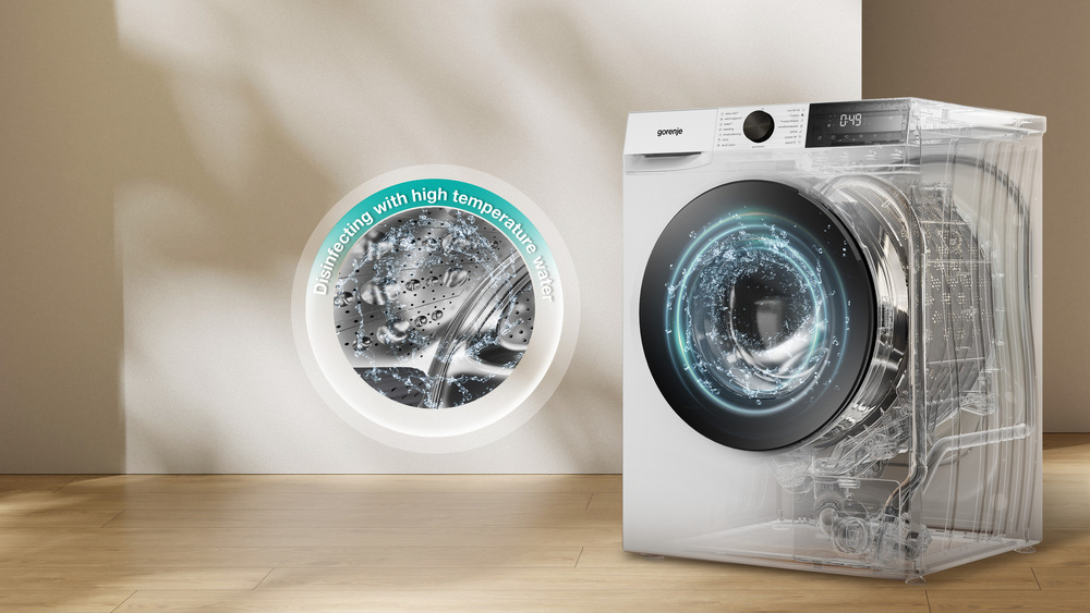 priehľadná práčka so sušičkou Gorenje WDG2PS954A1D2 s vodou v bubne