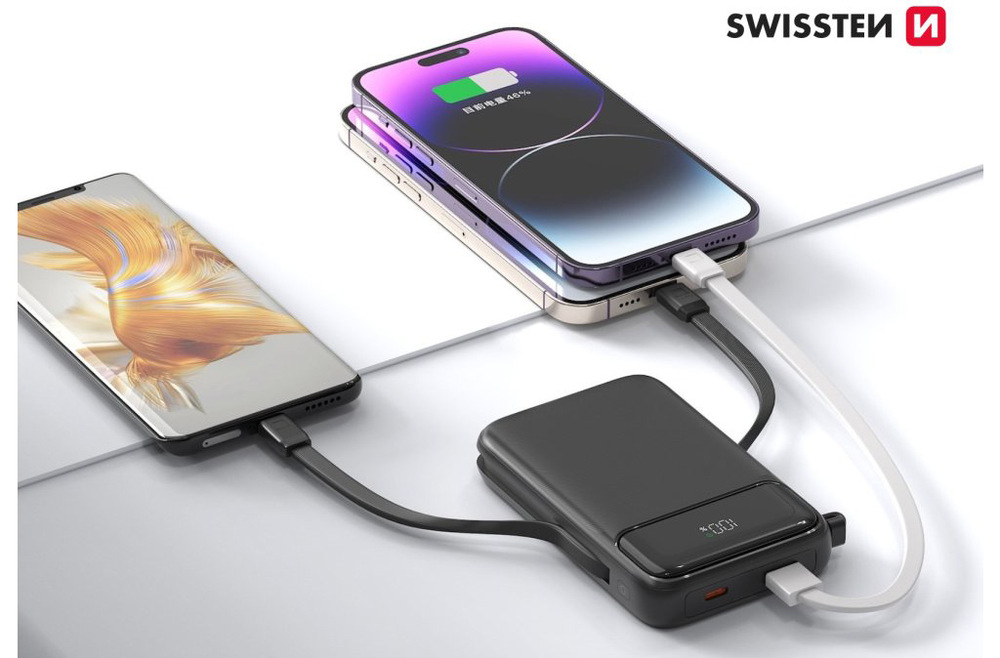 Powerbank Swissten 10000 mAh, PD 20W s integrovanými káblami USB-C a Lightning (kompatibilný s MagSafe) čierny