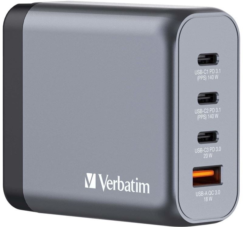 Cestovný adaptér Verbatim GNC-140 GaN, 140W, 3x USB-C PD, 1x USB QC - sivý