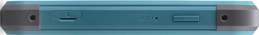 Router Acer Connect M4 5G wifi hotspot router + 20GB Data Bočný pohľad na modrozelený mobilný hotspot Acer Connect M4. Na boku je úzke tlačidlo napájania, otvor Reset, spodná krytka slotu a šedé ochranné prvky s viditeľnými skrutkami hore aj dole.