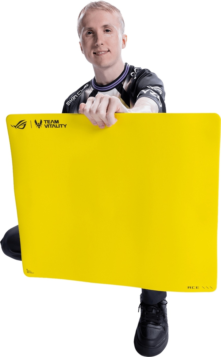 Podložka pod myš Asus ROG Hone Control Ace L Vitality Edition žltá Hráč Team Vitality držiaci podložku Asus ROG Hone Control Ace L Vitality Edition