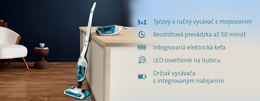 Tyčový vysávač ETA Moneto II AQUA PLUS 6453 90000 Tyčový vysávač ETA Moneto II Aqua Plus 6453 90000, výdrž, batéria