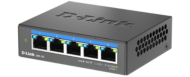 Switch D-Link DMS-105/E 5-port 2.5G Multi-Gigabit čierny Detail obrázku switcha.