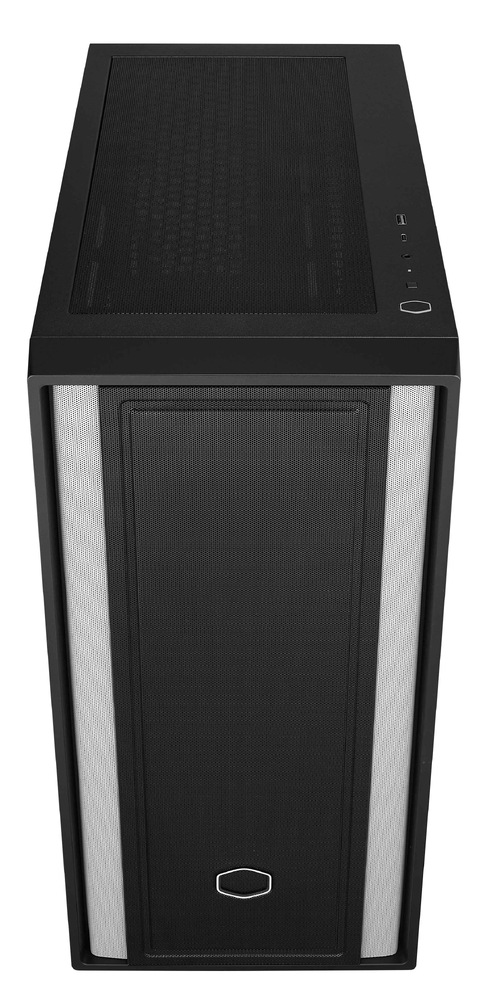Case Cooler Master MasterBox 600 Lite čierna Elegantná čierna skriňa počítačovej veže s predným panelom zo sieťoviny a striebornými akcentmi.