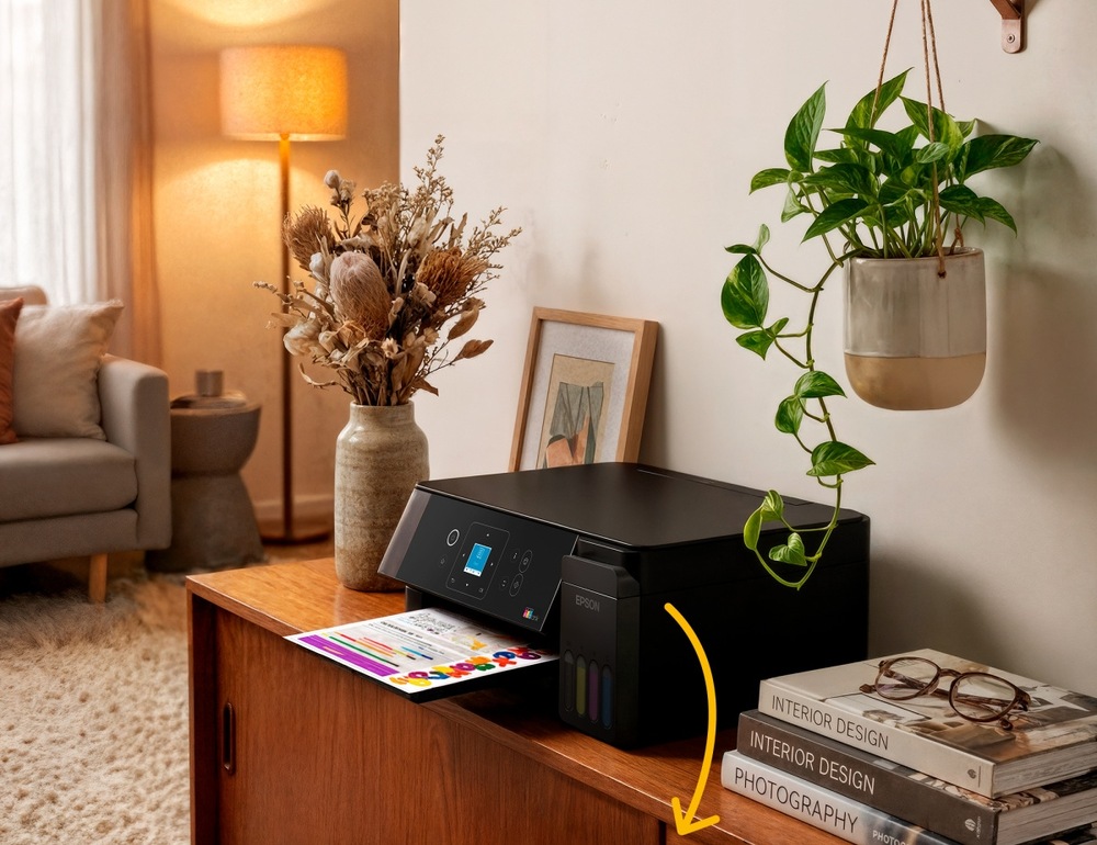 Tlačiareň multifunkčná Epson EcoTank L3362 čierna Tlačiareň Epson EcoTank stojí na drevenej skrinke v útulne zariadenom interiéri a tlačí farebný dokument. Vedľa nej sú knihy a okuliare, okolo dekorácie a izbové rastliny