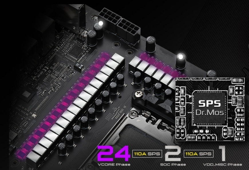 Základná doska ASRock X870E TAICHI LITE Detail napájacej kaskády 24+2+1 SPS Dr.MOS pri doske ASRock X870E Taichi Lite