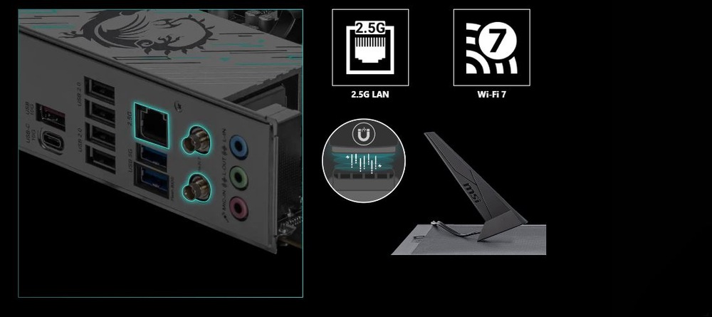 Základná doska MSI B840 GAMING PLUS WIFI Zadný panel základnej dosky počítača obsahuje niekoľko portov USB, audio konektory a ethernetový port. Ikony zvýrazňujú podporu 5G LAN a Wi-Fi 7.