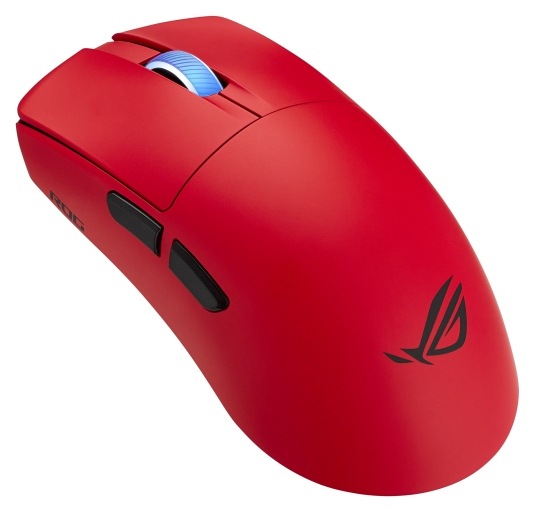 Červená herná myš Asus ROG Harpe II Ace s bočnými tlačidlami a modrým kolieskom