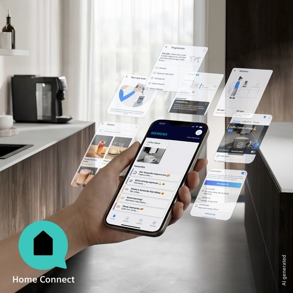 Automatický kávovar Siemens EQ600 iAroma TP603E08 čierny Pohľad na mobil s aplikáciou HOme Connect, cez ktorú ovládate kávovar Siemens