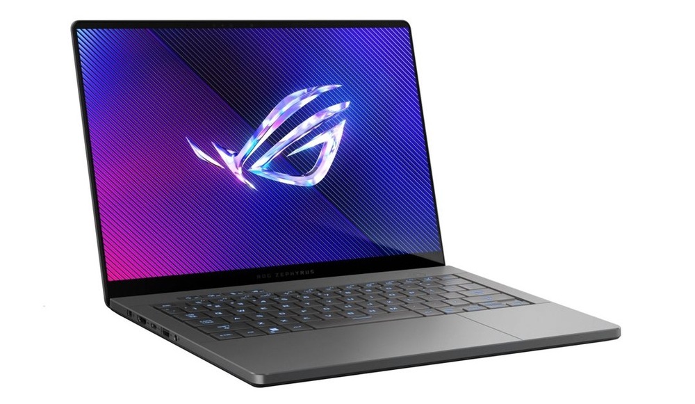 Otvorený a zapnutý notebook Asus ROG Zephyrus G14 natočený doprava