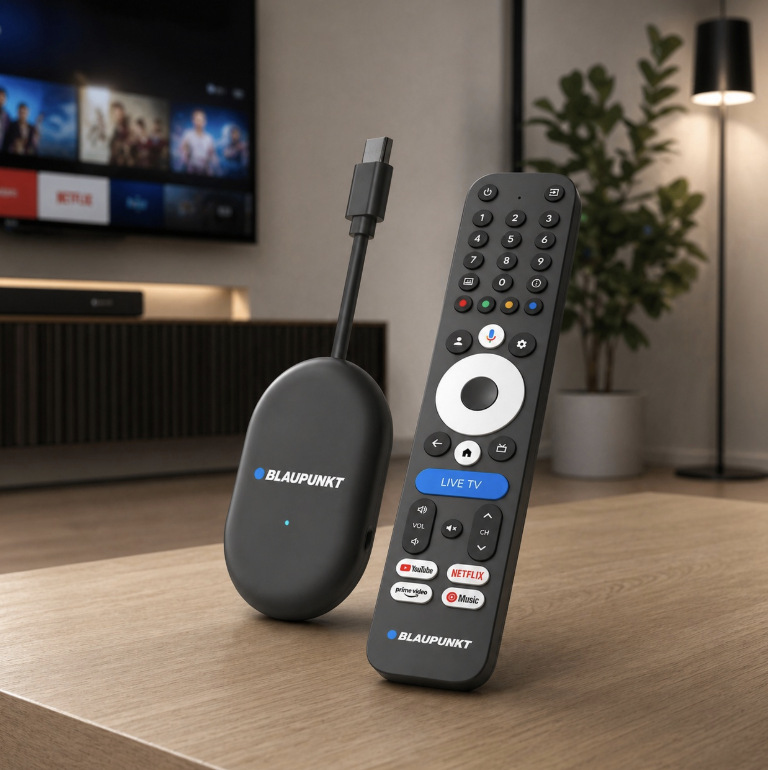 Multimediálne centrum Blaupunkt A-Stream Stick Gen2 čierne Blaupunkt A-Stream Stick Gen2 s HDMI konektorom a diaľkovým ovládačom pred televízorom