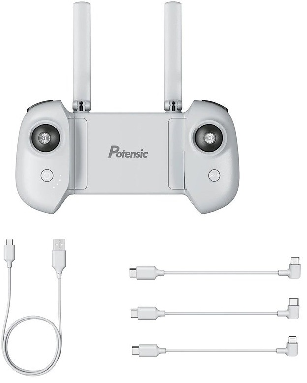 Diaľkový ovládač Potensic Atom, napájací kábel a 3 prepojovacie káble (micro USB, USB-C, Lightning)