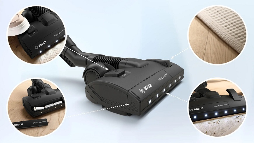Podlahový vysávač Bosch ProSilence BGL41SIL0L biely Podlahová hubica Bosch SilentClean Premium so zabudovaným LED osvetlením. Výrezy v kruhoch ukazujú detaily: prepínanie medzi tvrdou podlahou a kobercom, vyberateľnú batériu a osvetlenie nečistôt na podlahe