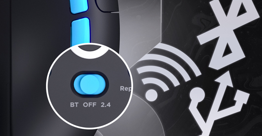 Myš HATOR Pulsar 3 PRO čierna Spodný prepínač myši HATOR Pulsar 3 Pre Wireless so symbolmi troch spôsobov pripojenia