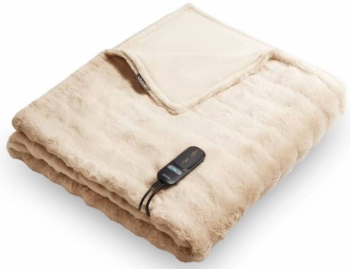 Béžová vyhrievacia deka Duux DXOB11 Yentl Cuddle 200×200 cm z mäkkého chlpatého polyesteru, zložená s odnímateľným ovládačom a rovnomernou distribúciou tepla.