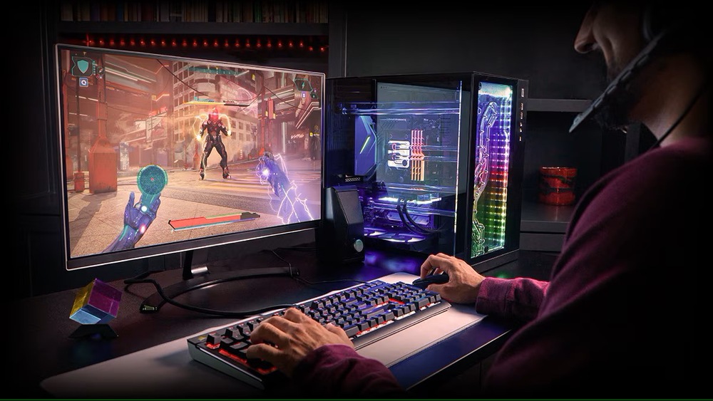 Herná zostava v akcii, kde procesor AMD Ryzen 7 9850X3D zaisťuje plynulý chod modernej hry na výkonnom PC s RGB podsvietením