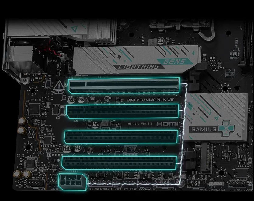 Základná doska MSI B860M GAMING PLUS WIFI Detailný záber základnej dosky s vyznačenými PCI slotmi a zeleno svietiacimi obvodmi. Dizajn pôsobí technicky a moderne a vyžaruje inovatívnosť.
